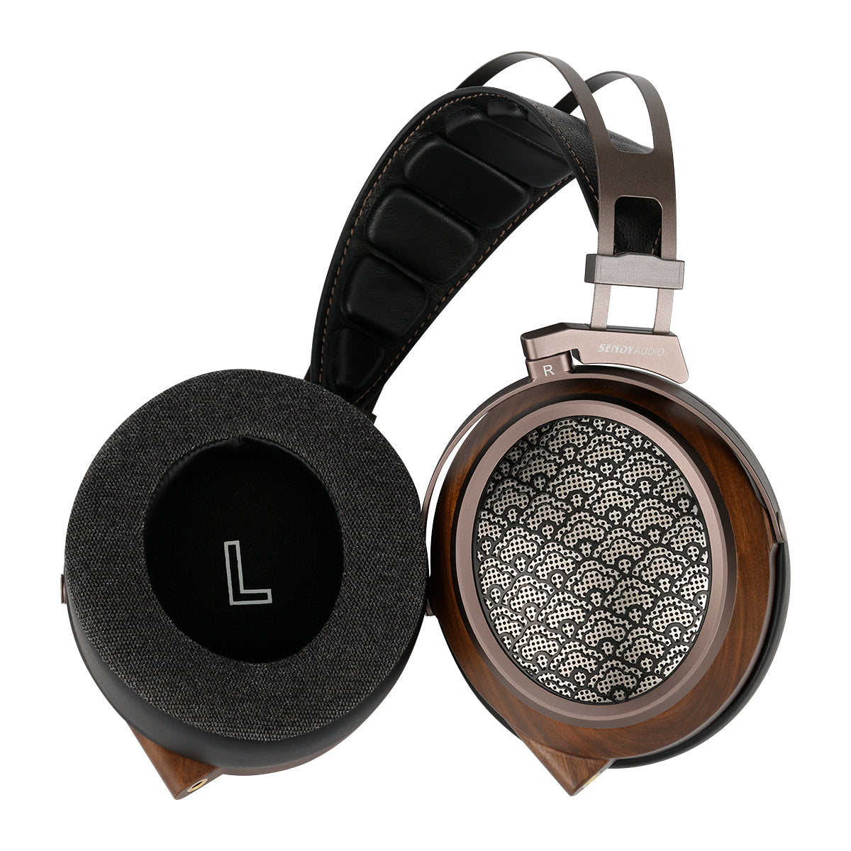 Pair of open-back headphones on a white background