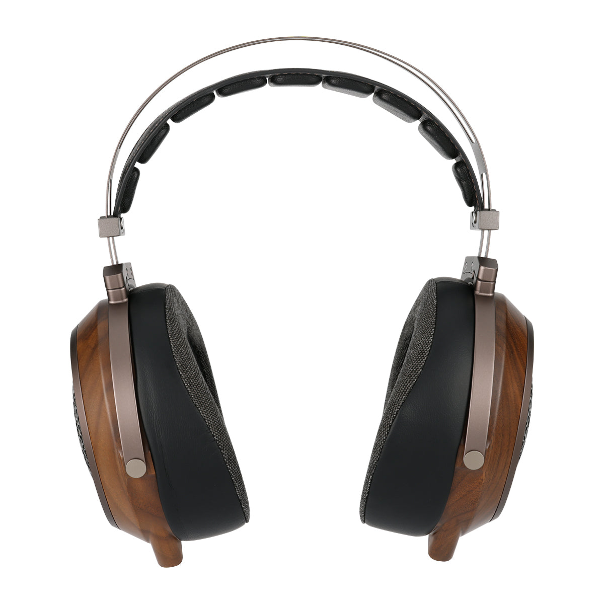 Wooden headphones with black ear pads on a white background