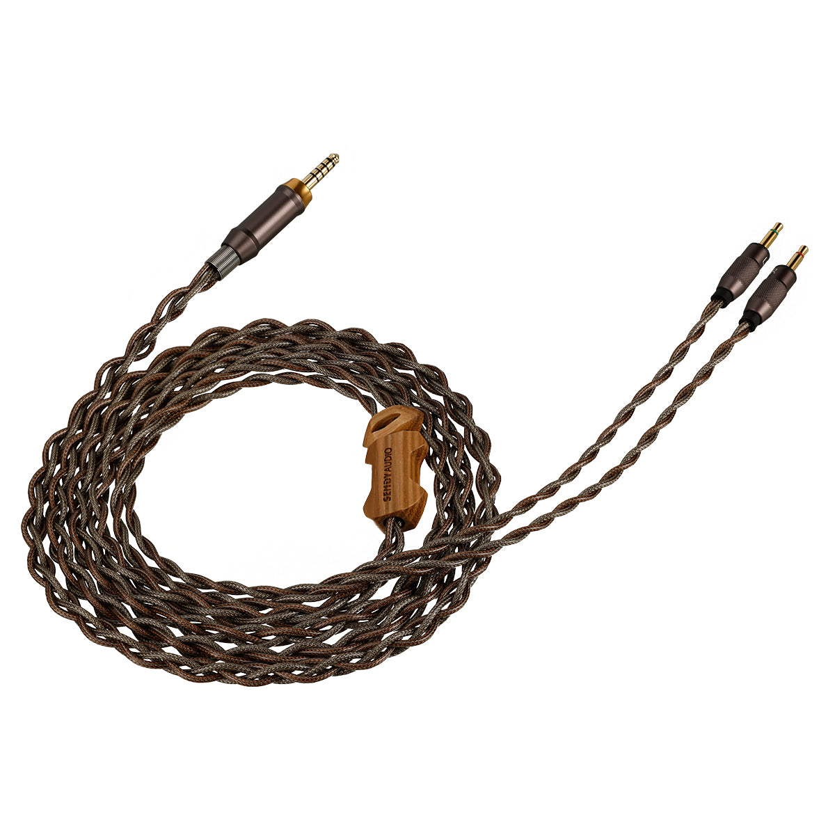 Coiled audio cable with gold and silver connectors on a white background