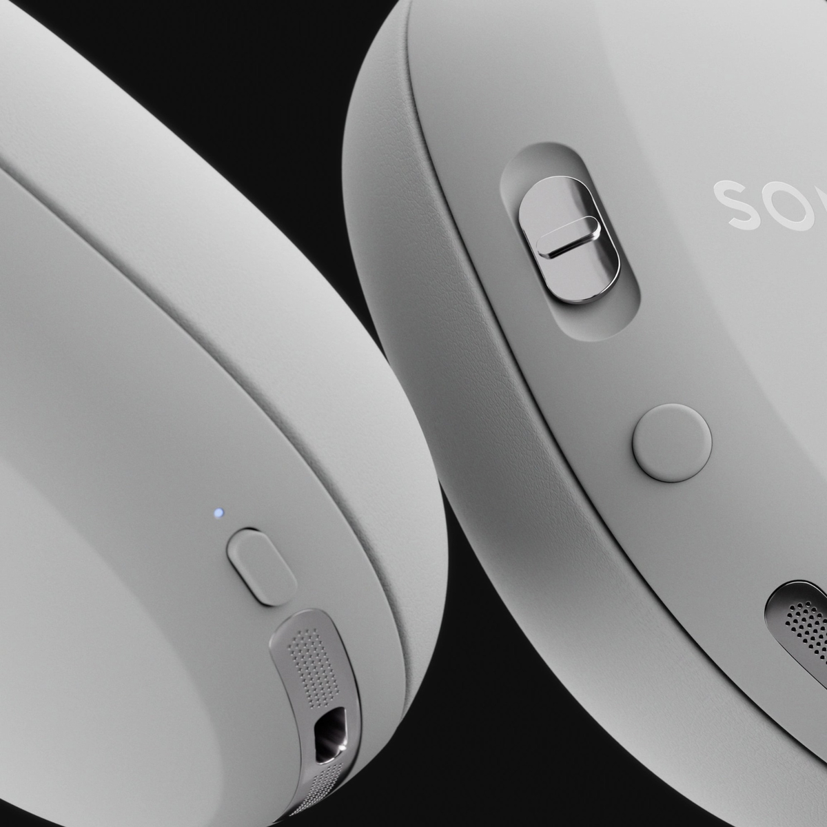 Close up of white Sonos Ace Ultra Headphones on black background