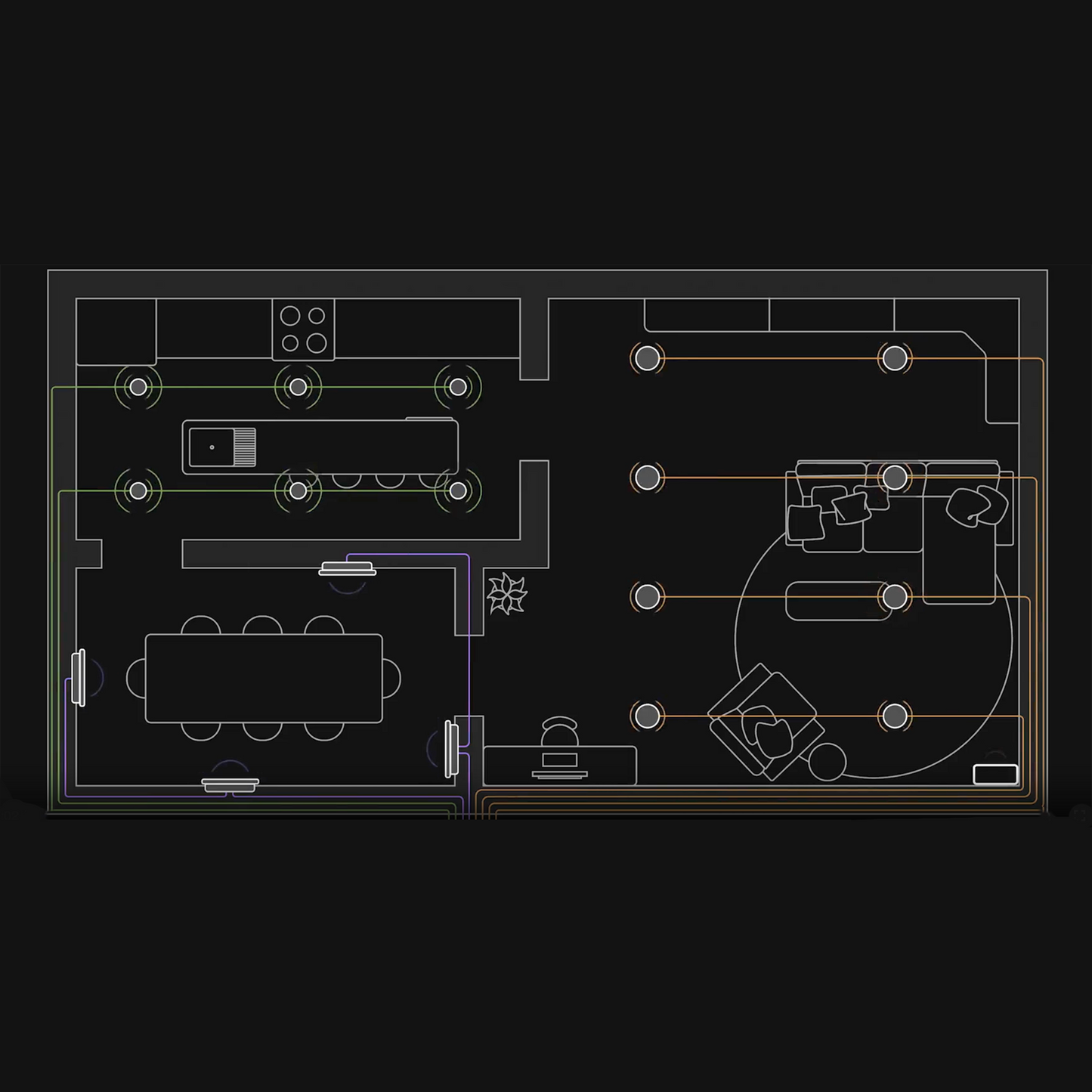 Floor plan layout with furniture and room sections on a black background
