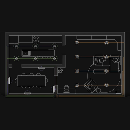 Floor plan layout with furniture and room sections on a black background