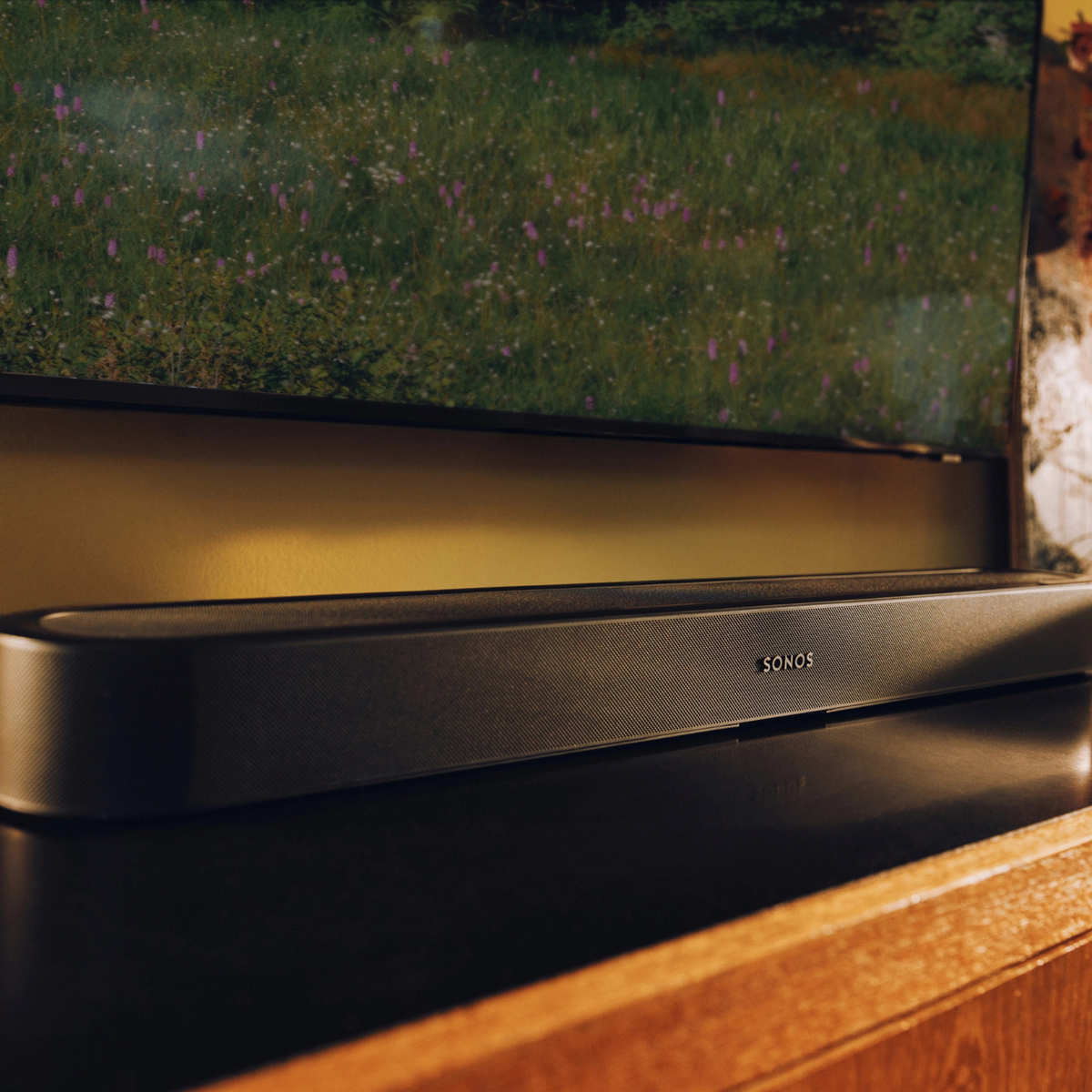 A Sonos Beam Ultra soundbar placed on a wooden media console in front of a television displaying a grassy outdoor scene.