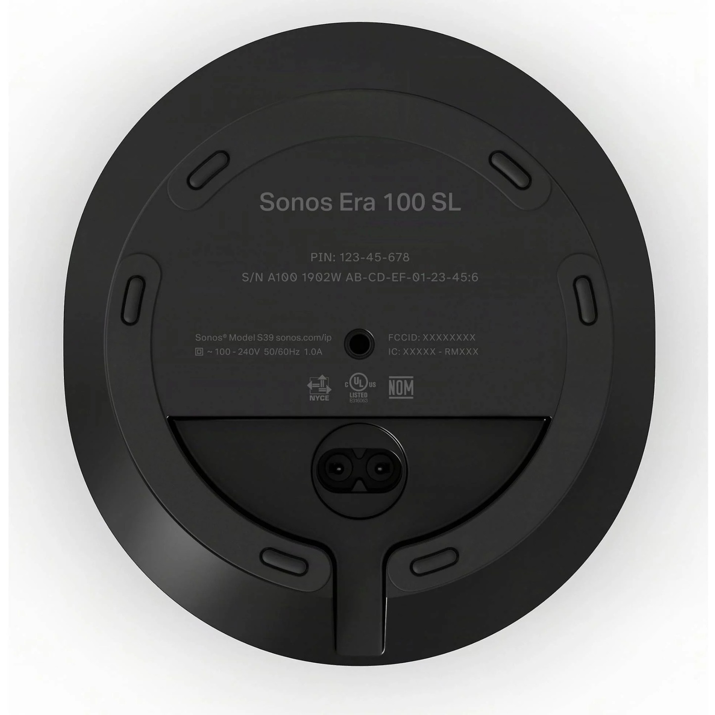 Bottom view of a Sonos Era 100 SL speaker on a white background