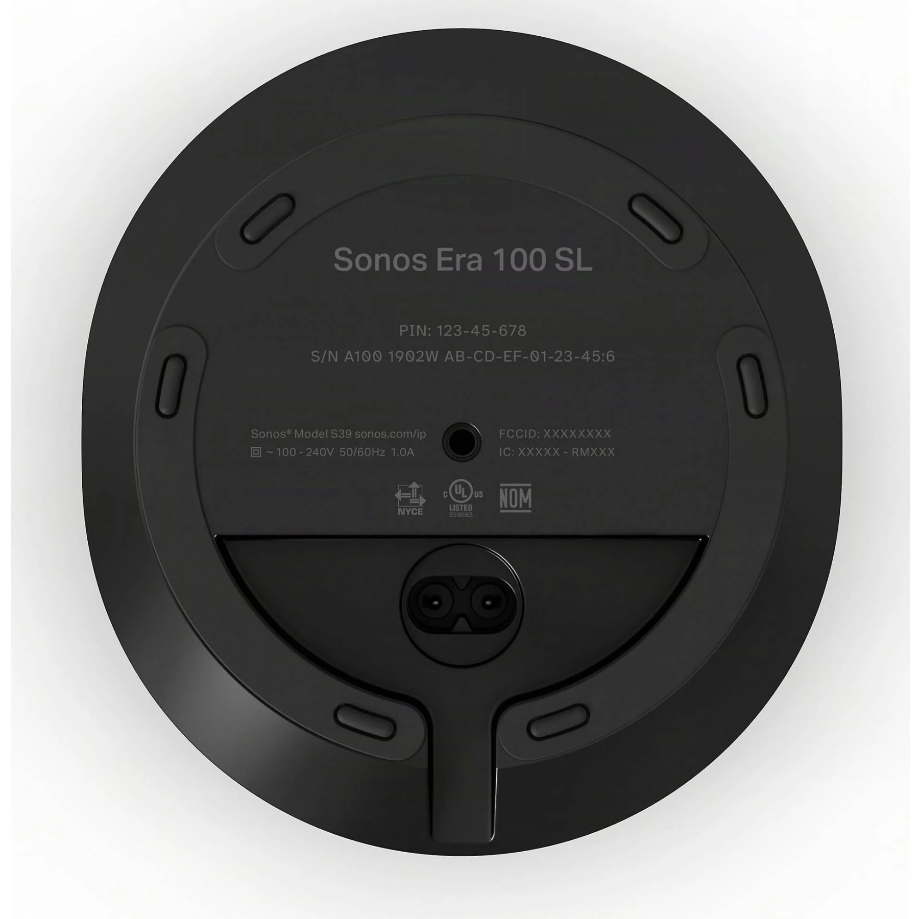 Bottom view of a Sonos Era 100 SL speaker on a white background