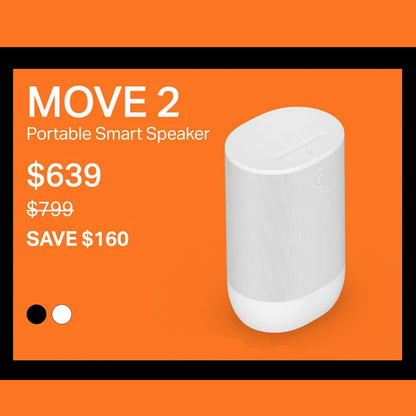 White portable smart speaker on an orange background with pricing information.