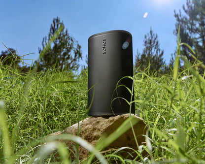 Black Sonos Play on a rock in a grassy outdoor setting
