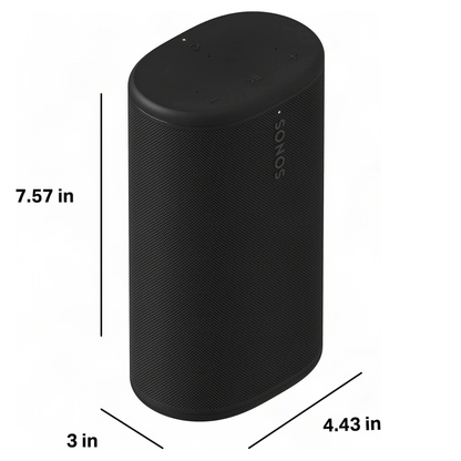 Black Sonos speaker with dimensions labeled on a white background