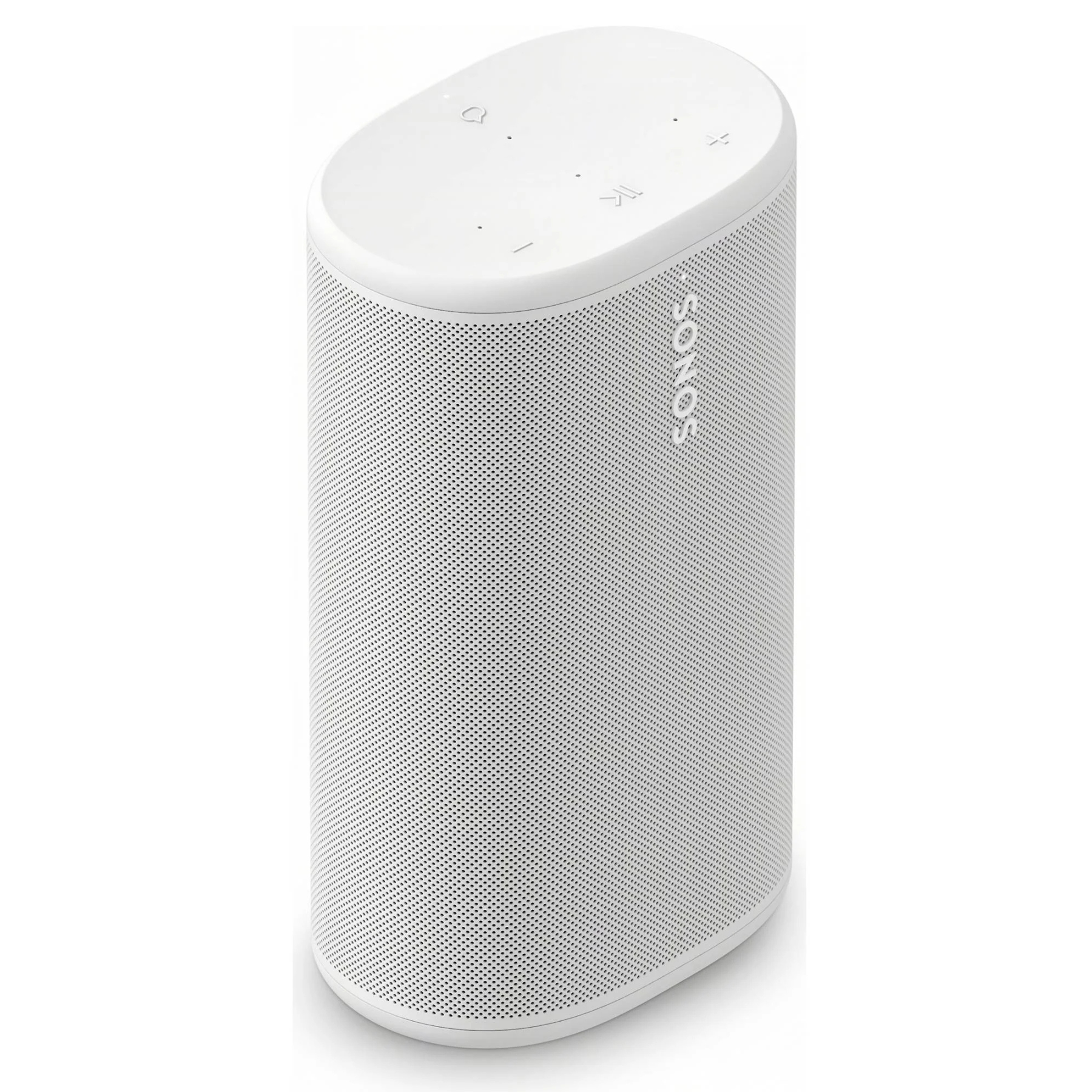 Angle view of white Sonos Play speaker on a white background