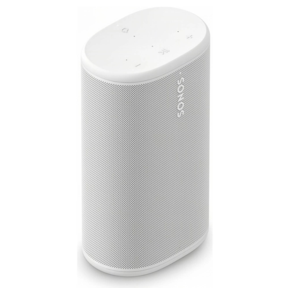 Angle view of white Sonos Play speaker on a white background