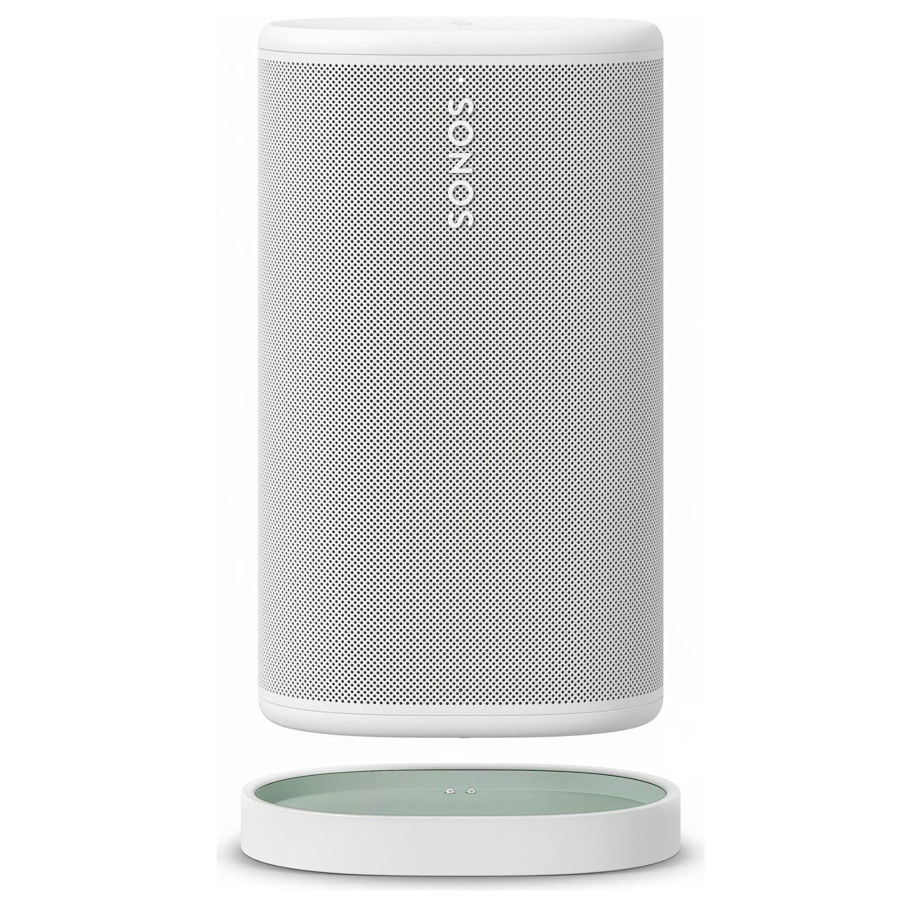 White Sonos Play speaker with charger on a white background