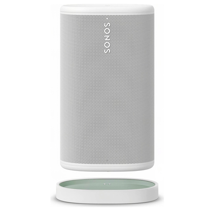 White Sonos Play speaker with charger on a white background