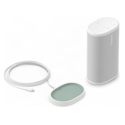 White Sonos speaker with cable and base station on a white background