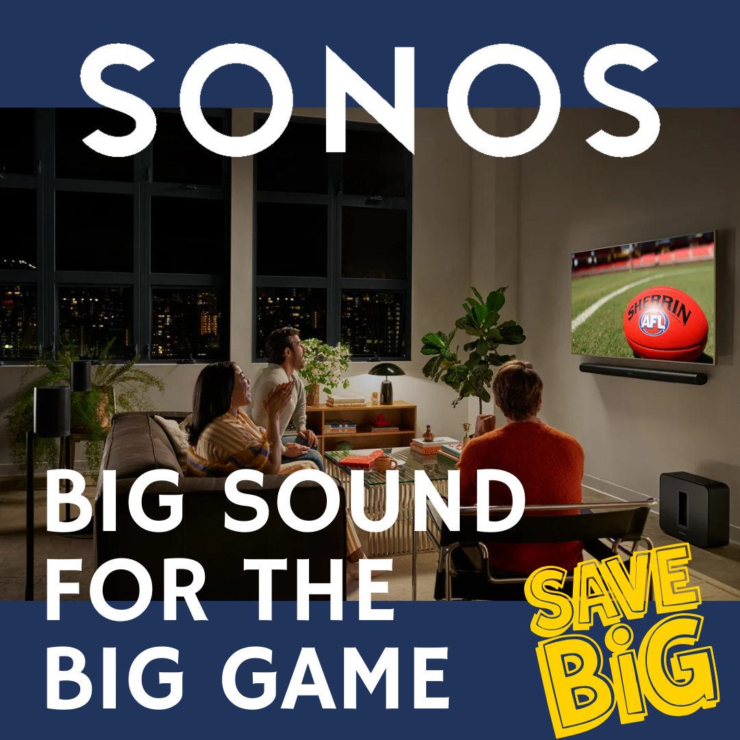 Living room with people watching TV, Sonos branding, and promotional text.