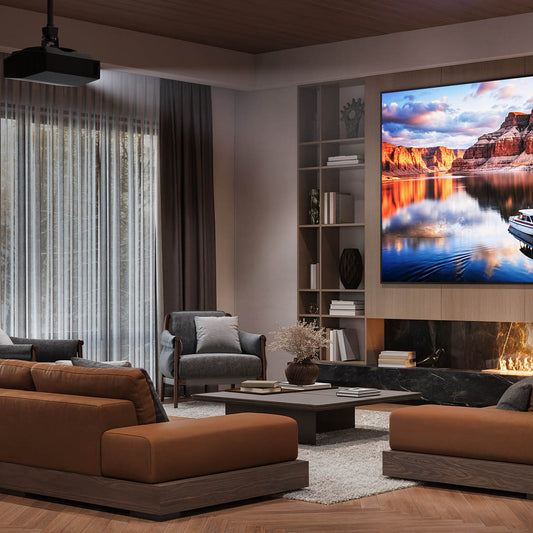 Modern living room with a large TV displaying a scenic landscape, brown sofa, and wooden coffee table.