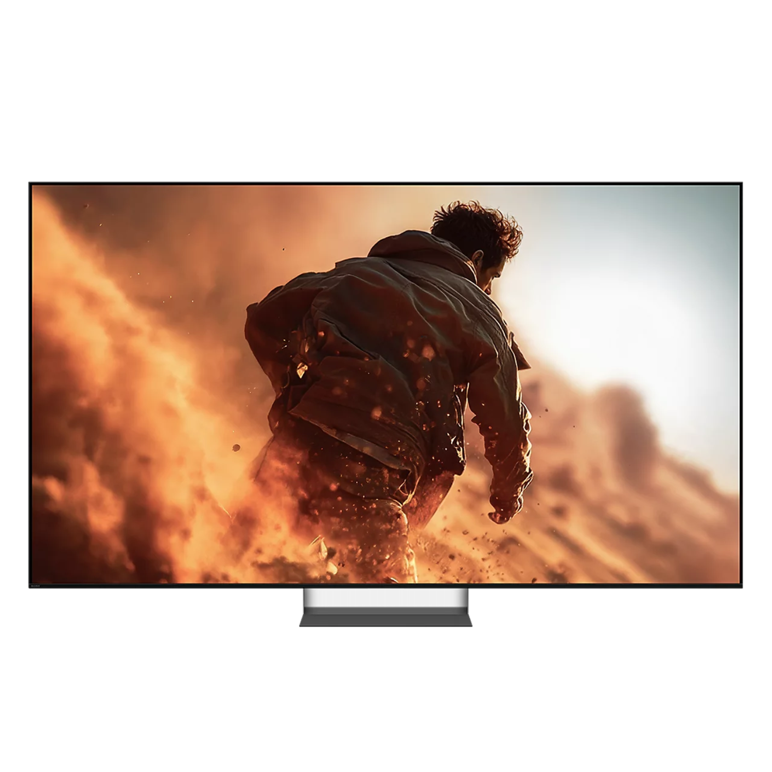 Front view of Sony Bravia 7 II True RGB Mini-LED AI 4K TV with man on motorbike on screen