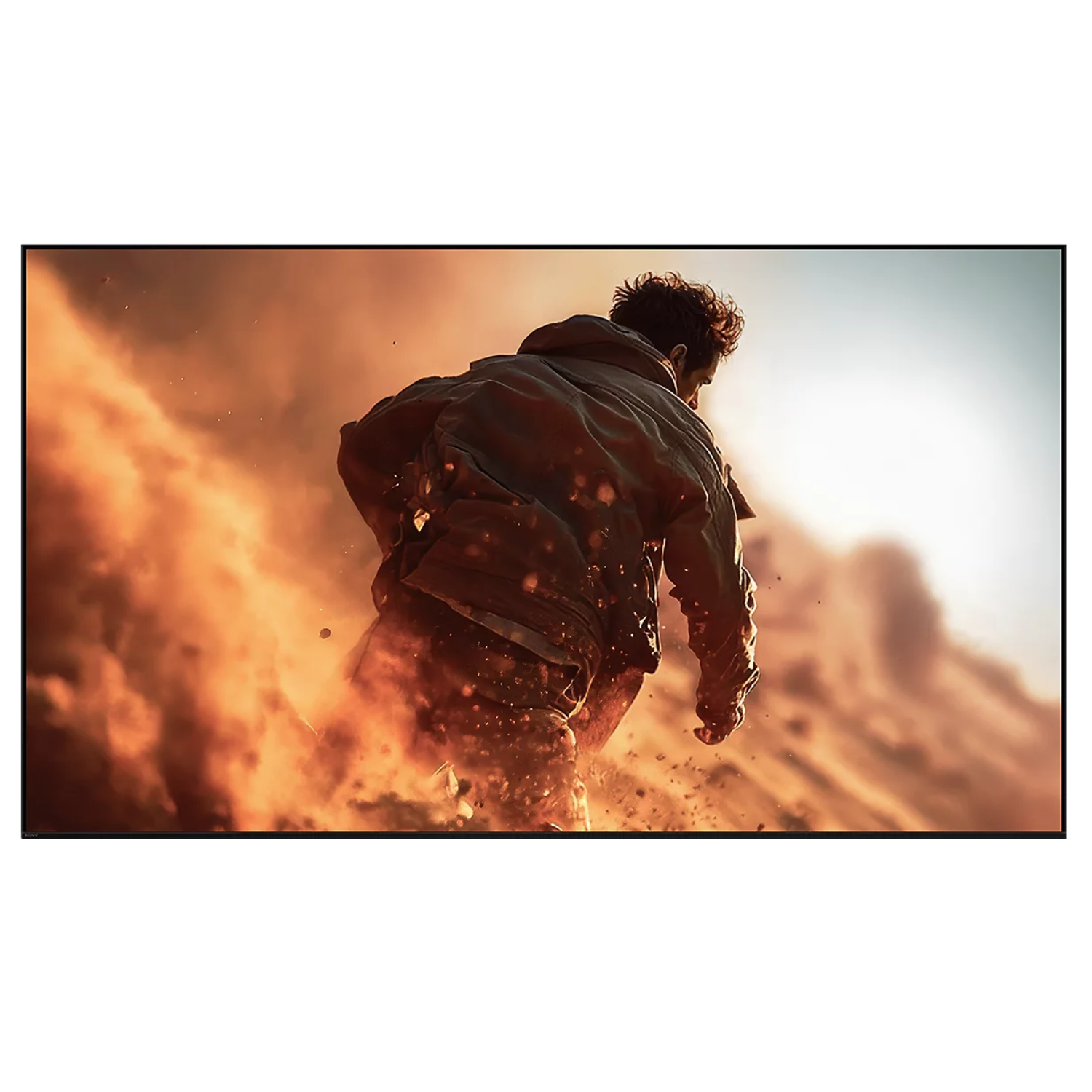 Wall mounted Sony Bravia 7 II True RGB Mini-LED AI 4K TV with man on motorbike on screen