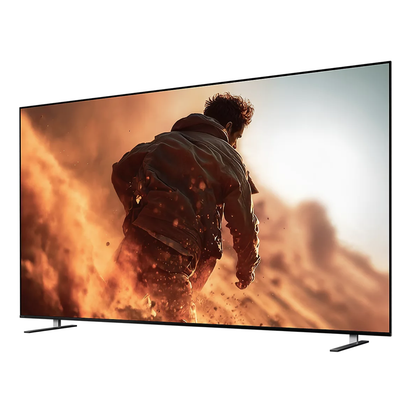 Angle view of Sony Bravia 7 II True RGB Mini-LED AI 4K TV with man on motorbike on screen - Feet on