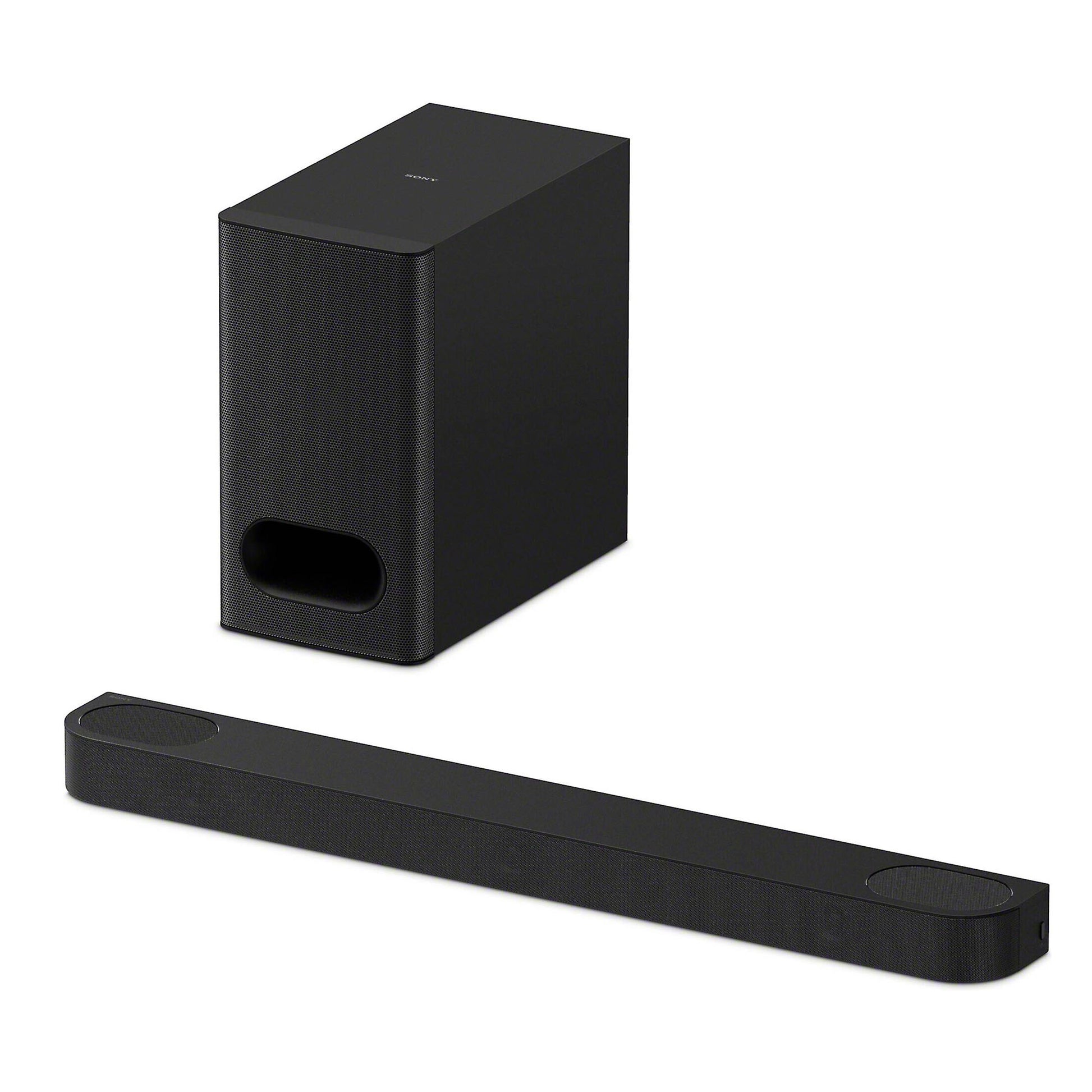 Black soundbar and subwoofer on a white background