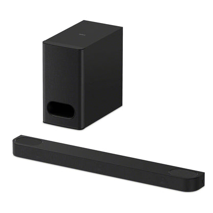 Black soundbar and subwoofer on a white background