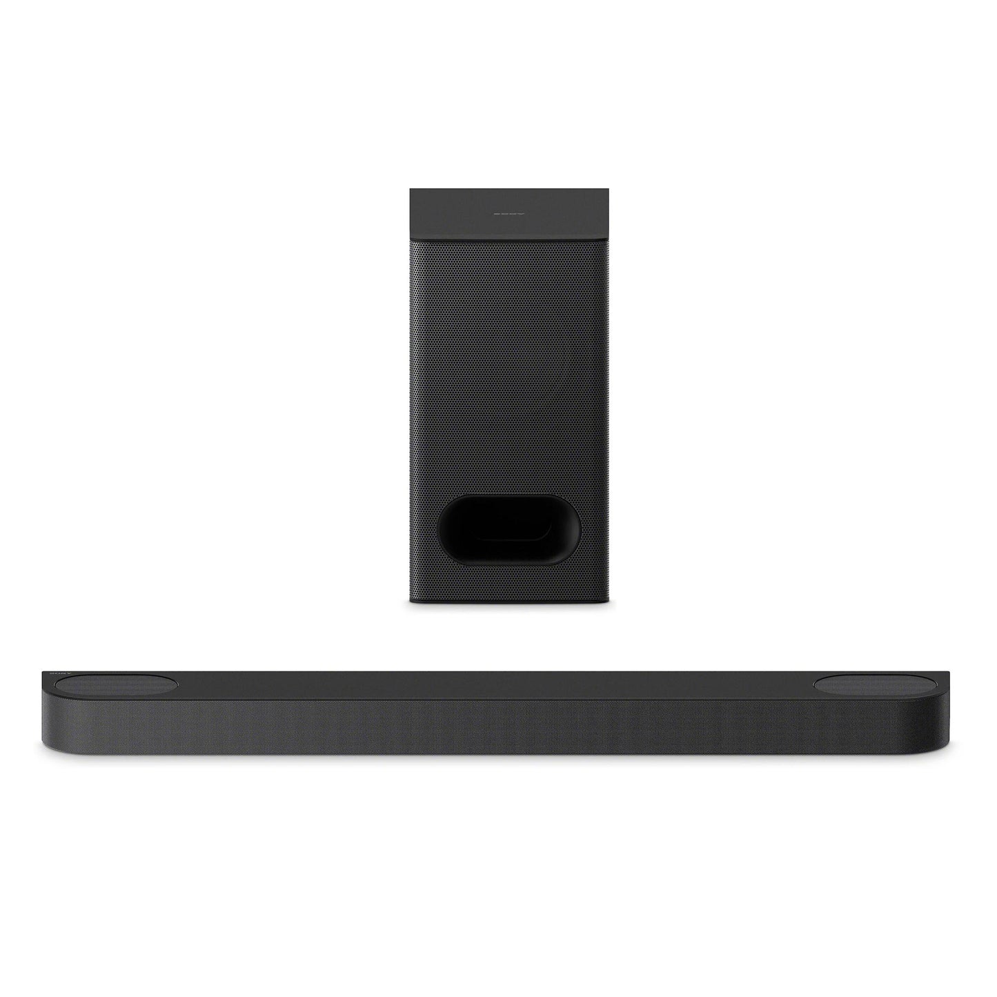 Black soundbar and subwoofer on a white background