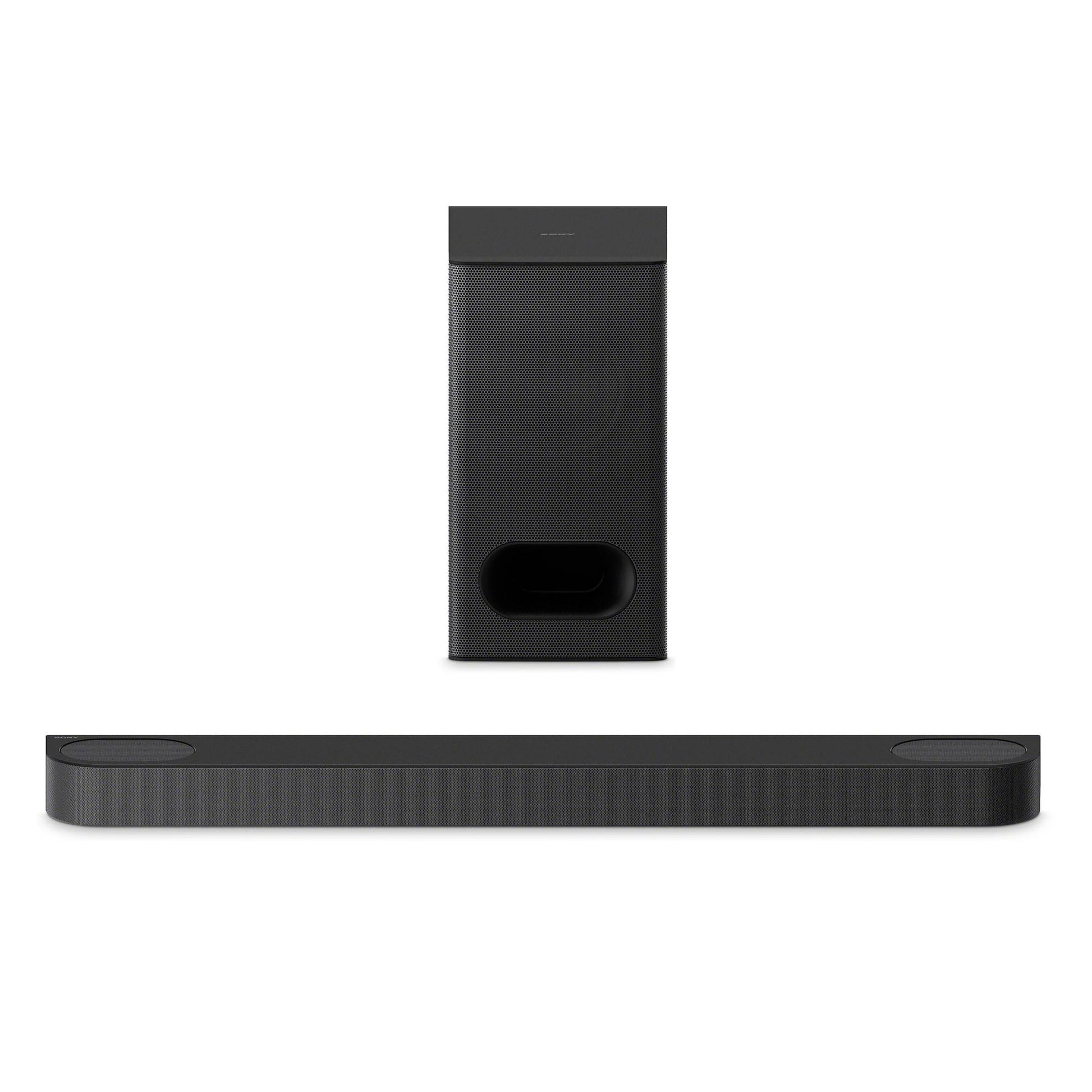 Black soundbar and subwoofer on a white background