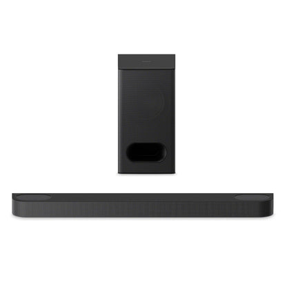 Black soundbar and subwoofer on a white background