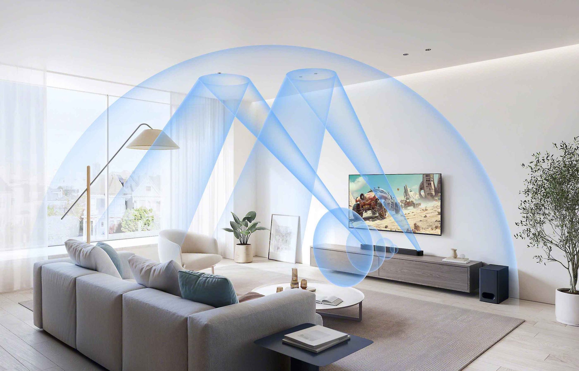 Living room with a TV and sound wave graphics indicating a home theater system.