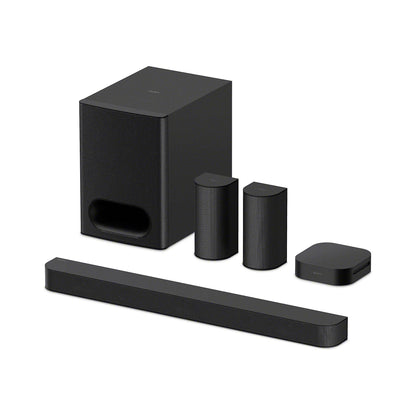 Black home theater speaker system with subwoofer, satellite speakers, and soundbar on a white background