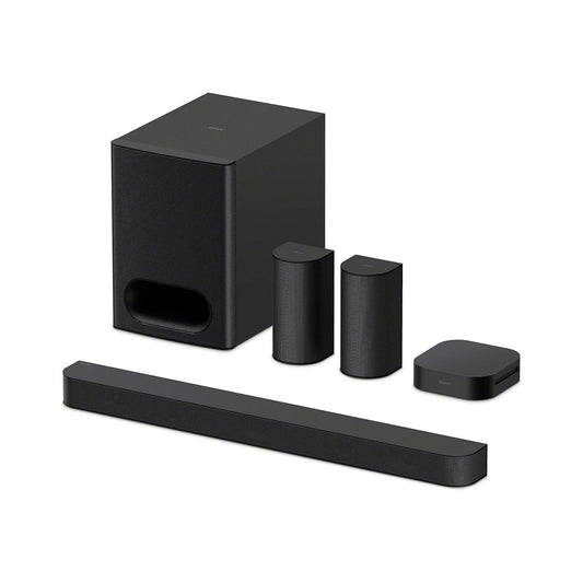 Black home theater speaker system with subwoofer, satellite speakers, and soundbar on a white background
