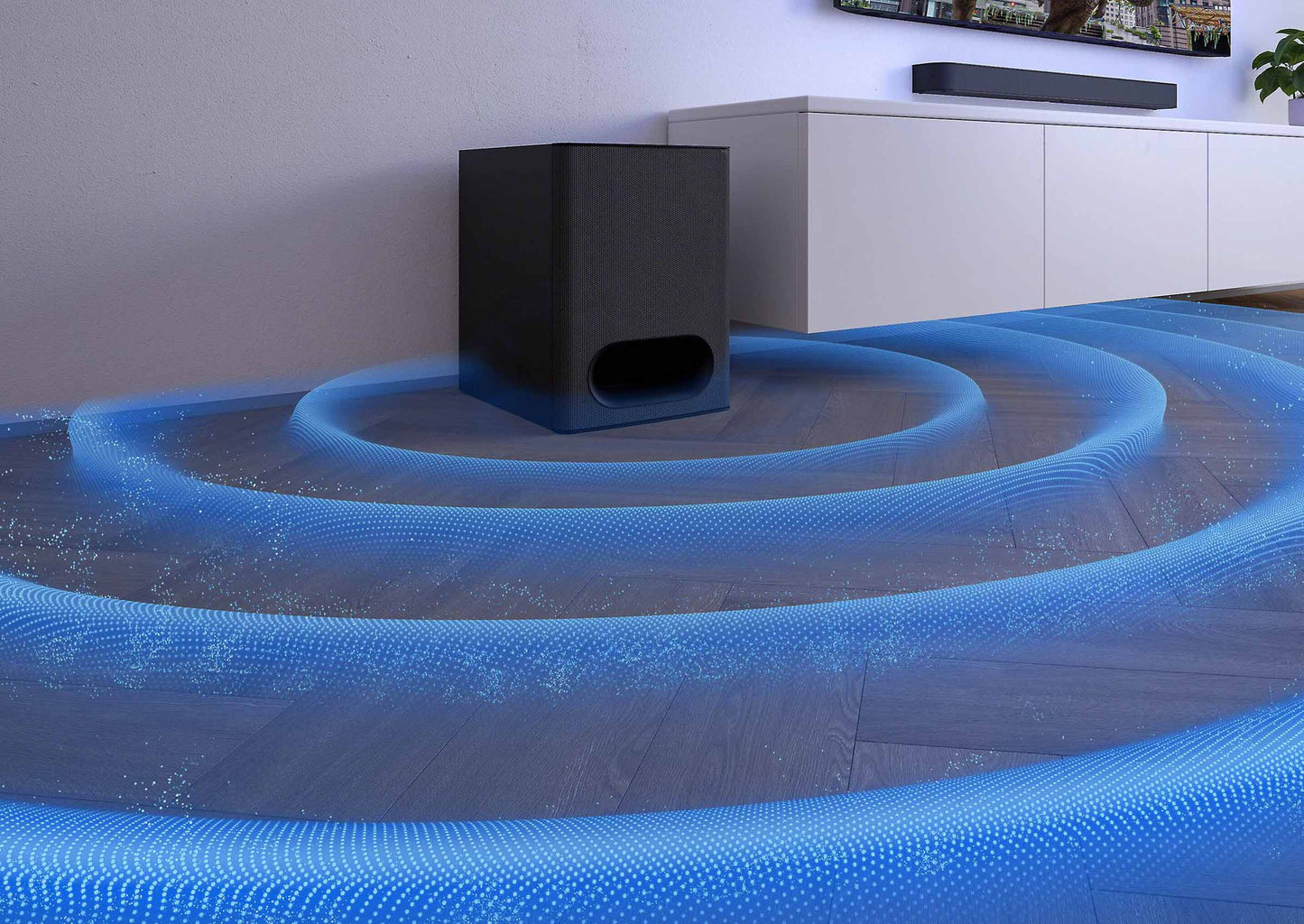 Sony Subwoofer with blue rays showing how far the sound travels.