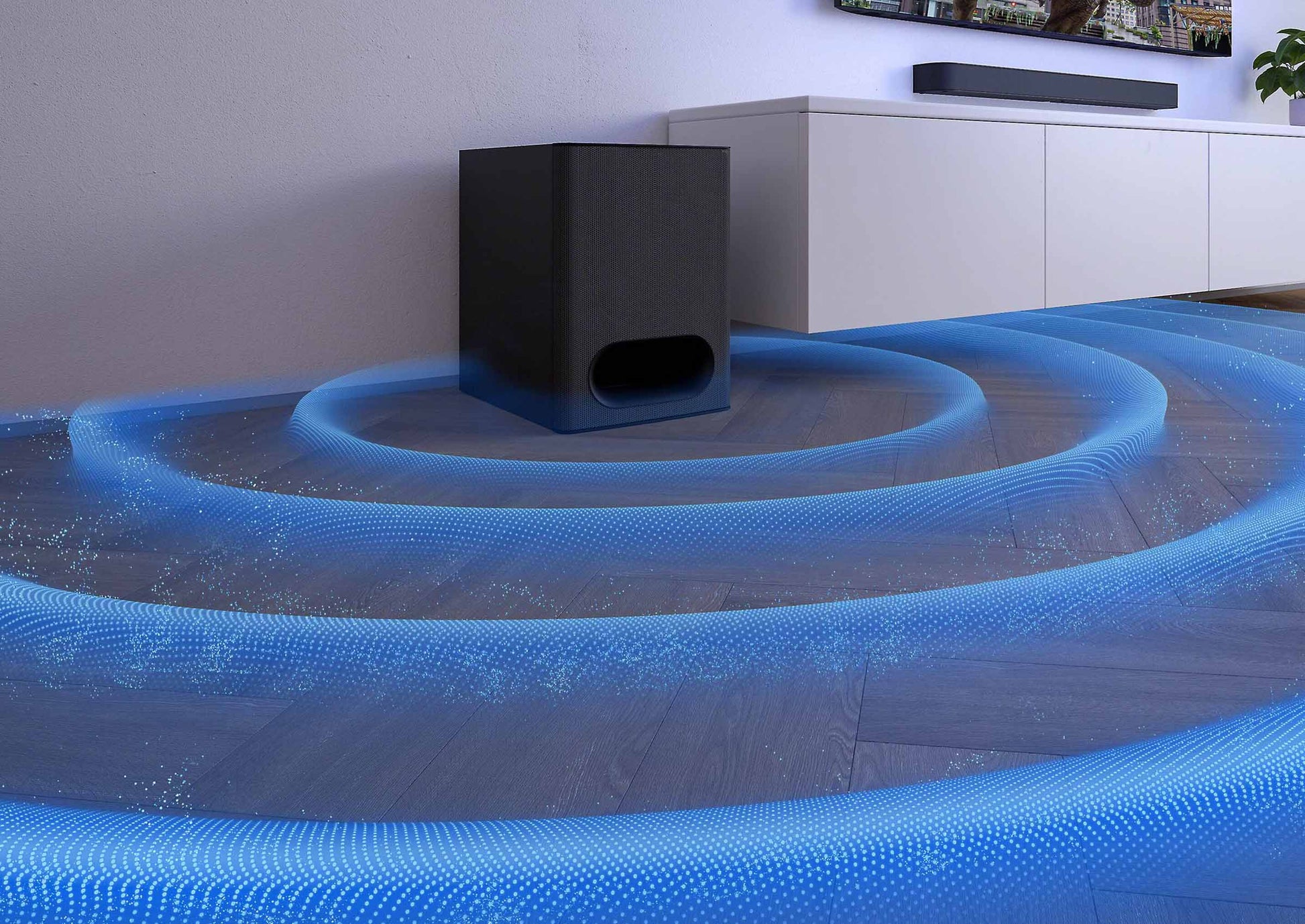 Sony Subwoofer with blue rays showing how far the sound travels.