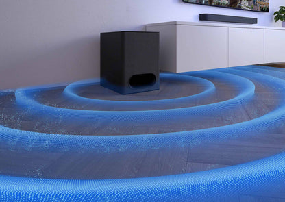 Sony Subwoofer with blue rays showing how far the sound travels.