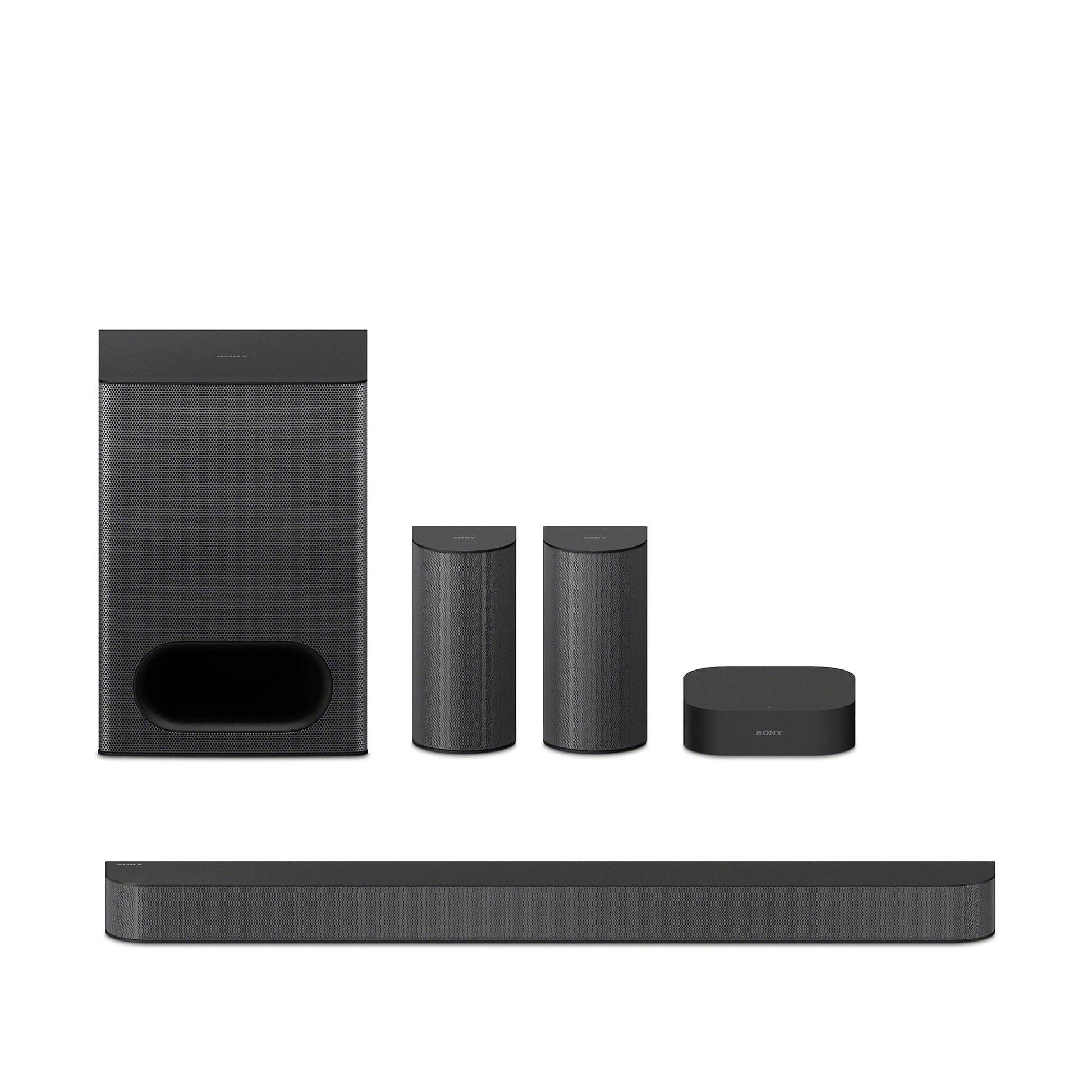 Black home theater speaker system on a white background