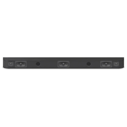 Black soundbar with multiple speakers on a white background