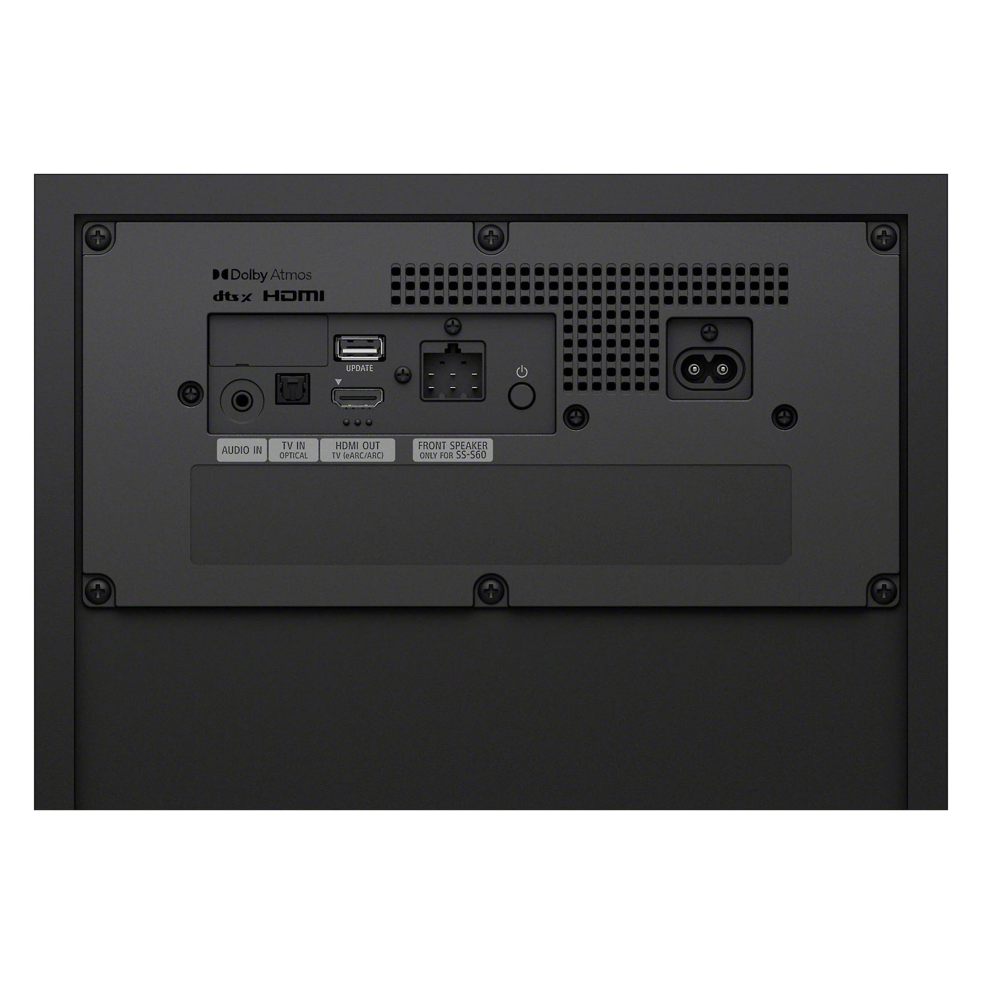 Back view of a black electronic device with connectivity ports on a white background