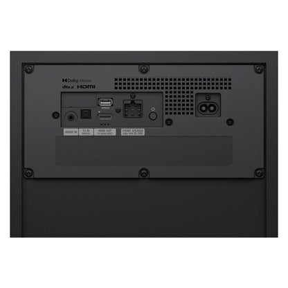 Back view of a black electronic device with connectivity ports on a white background
