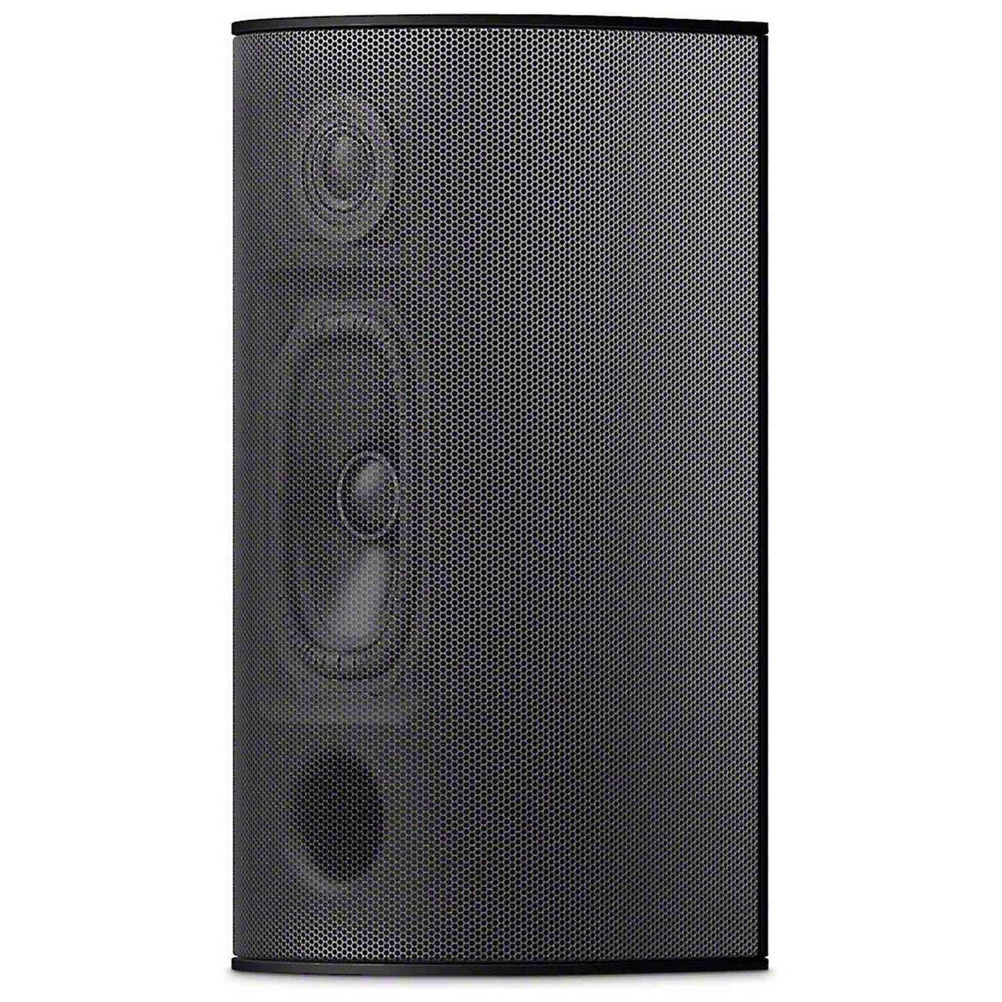 Black speaker with a textured surface on a white background