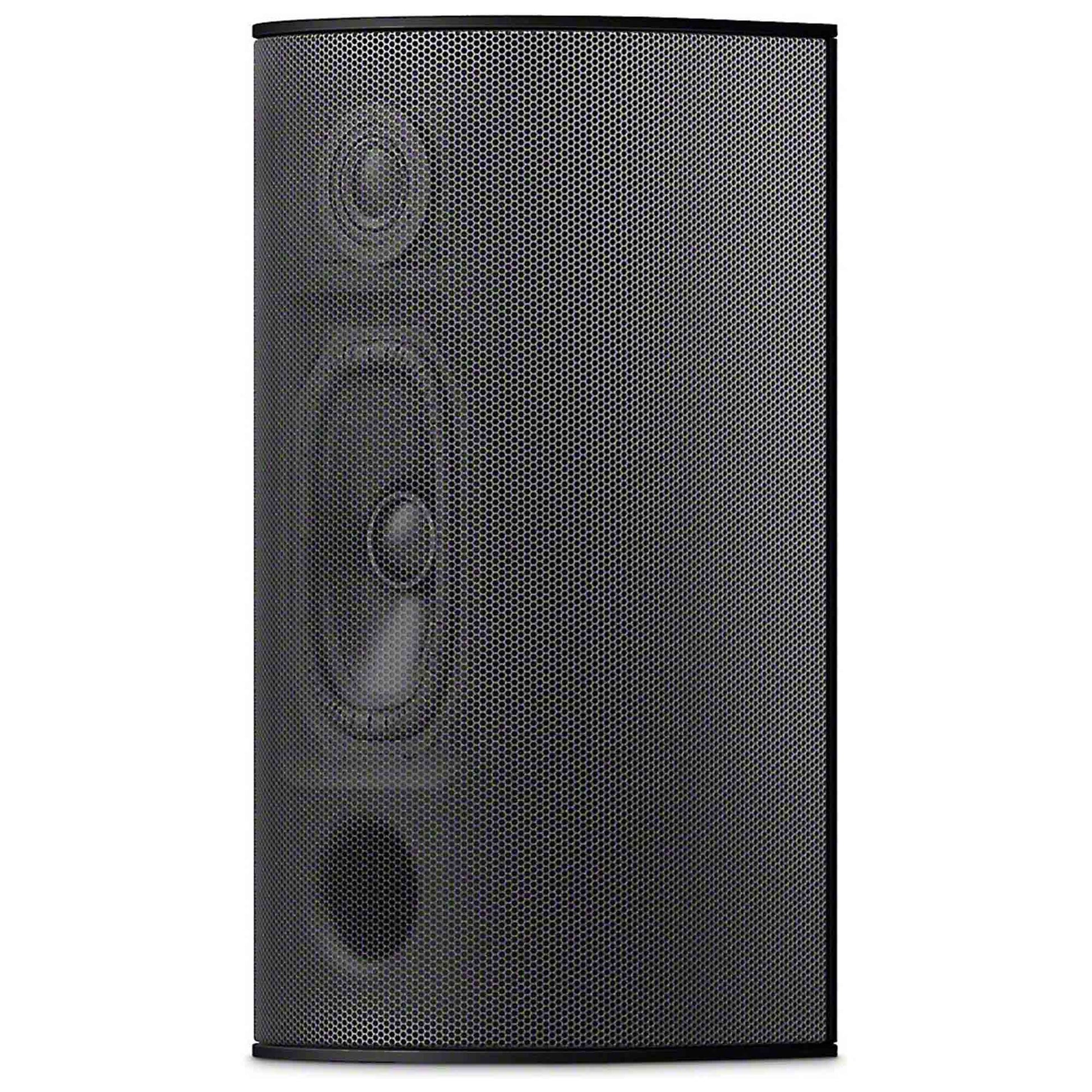 Black speaker with a textured surface on a white background