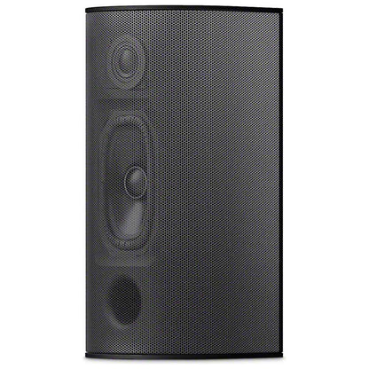 Black speaker with a textured surface on a white background