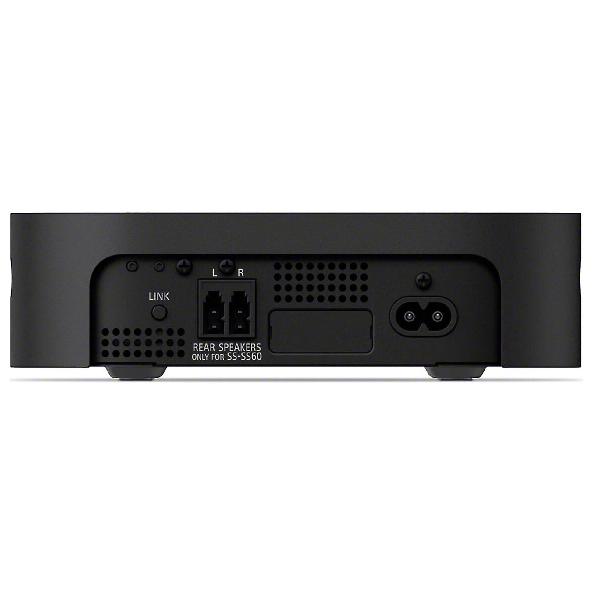 Back view of a black electronic device with ports on a white background
