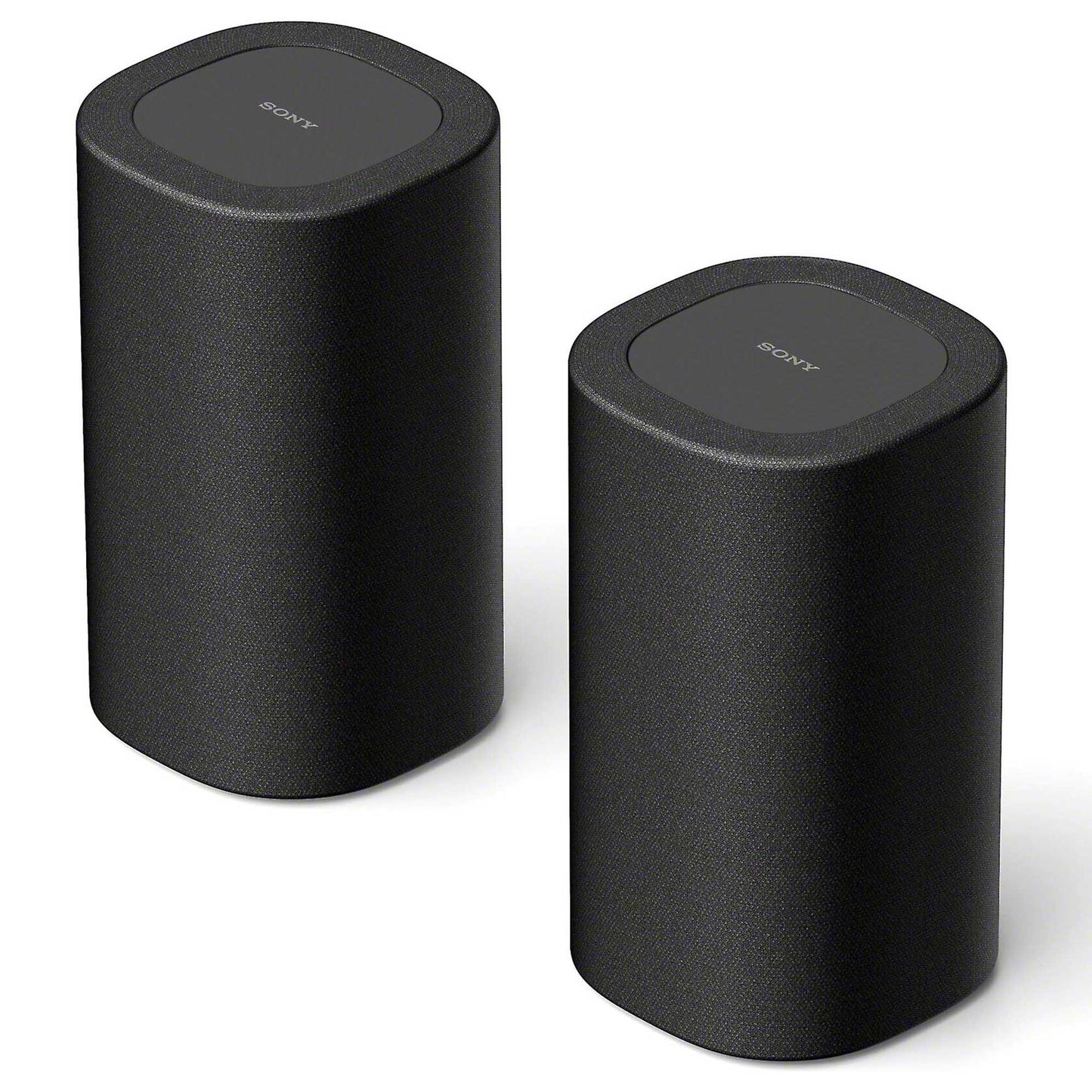 Two black cylindrical Sony speakers on a white background