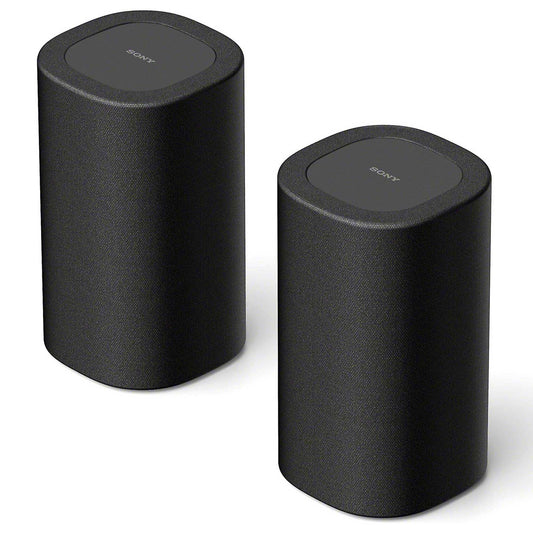 Two black cylindrical Sony speakers on a white background