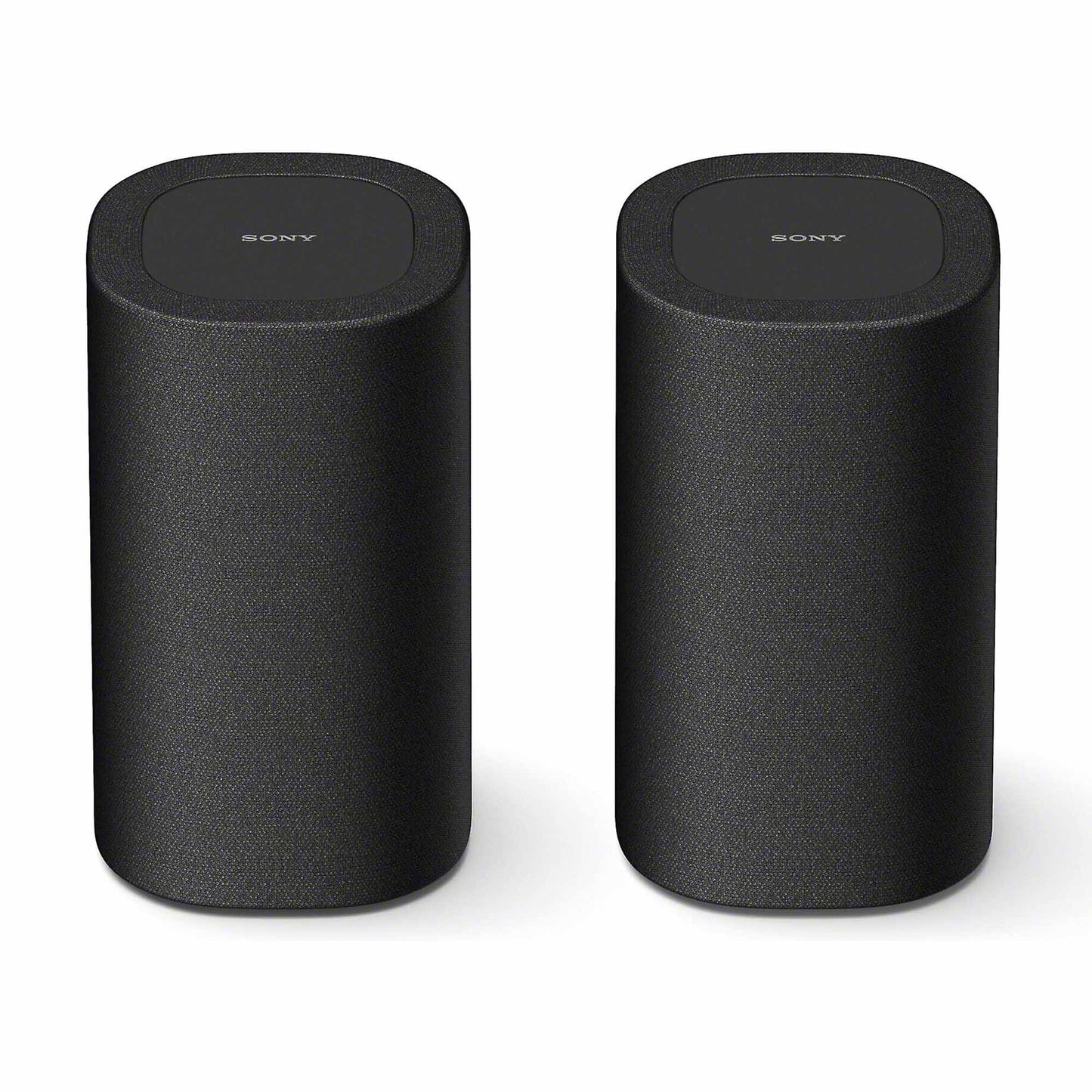 Two black cylindrical Sony speakers on a white background