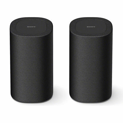 Two black cylindrical Sony speakers on a white background