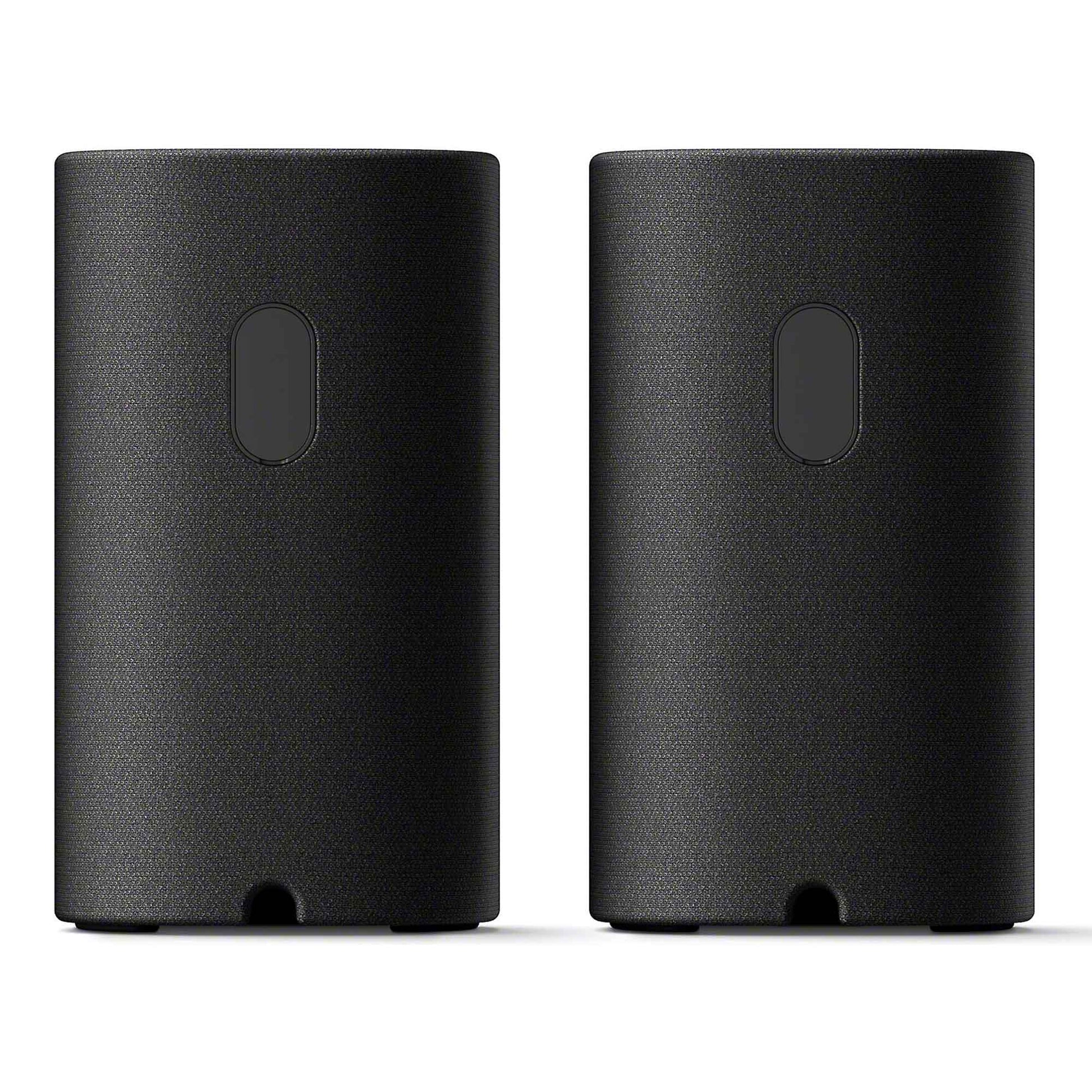Two black cylindrical speakers on a white background