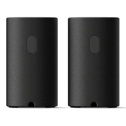 Two black cylindrical speakers on a white background