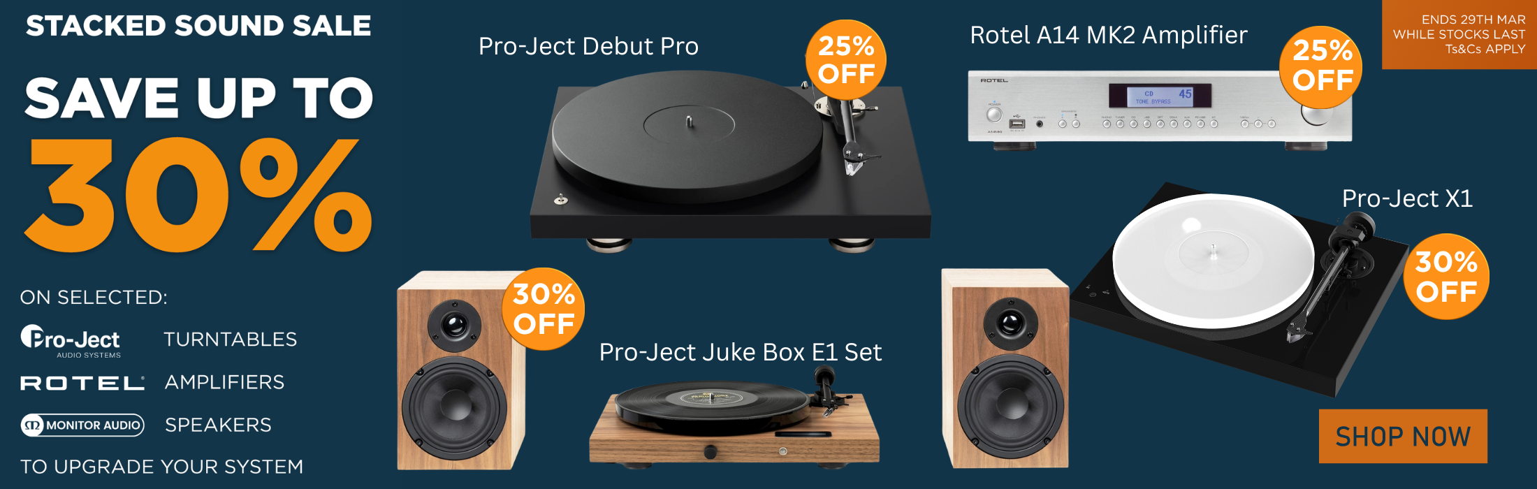 Promotional graphic for a stacked sound sale with discounts on Pro-Ject and Rotel audio equipment.