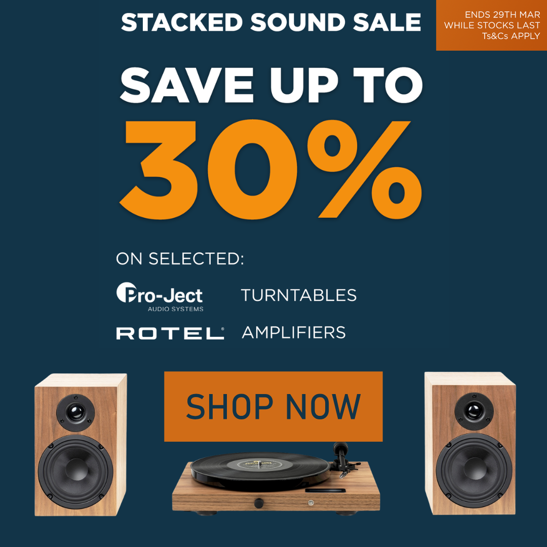 Advertisement for a stacked sound sale with Pro-Ject and Rotel products on a blue background.