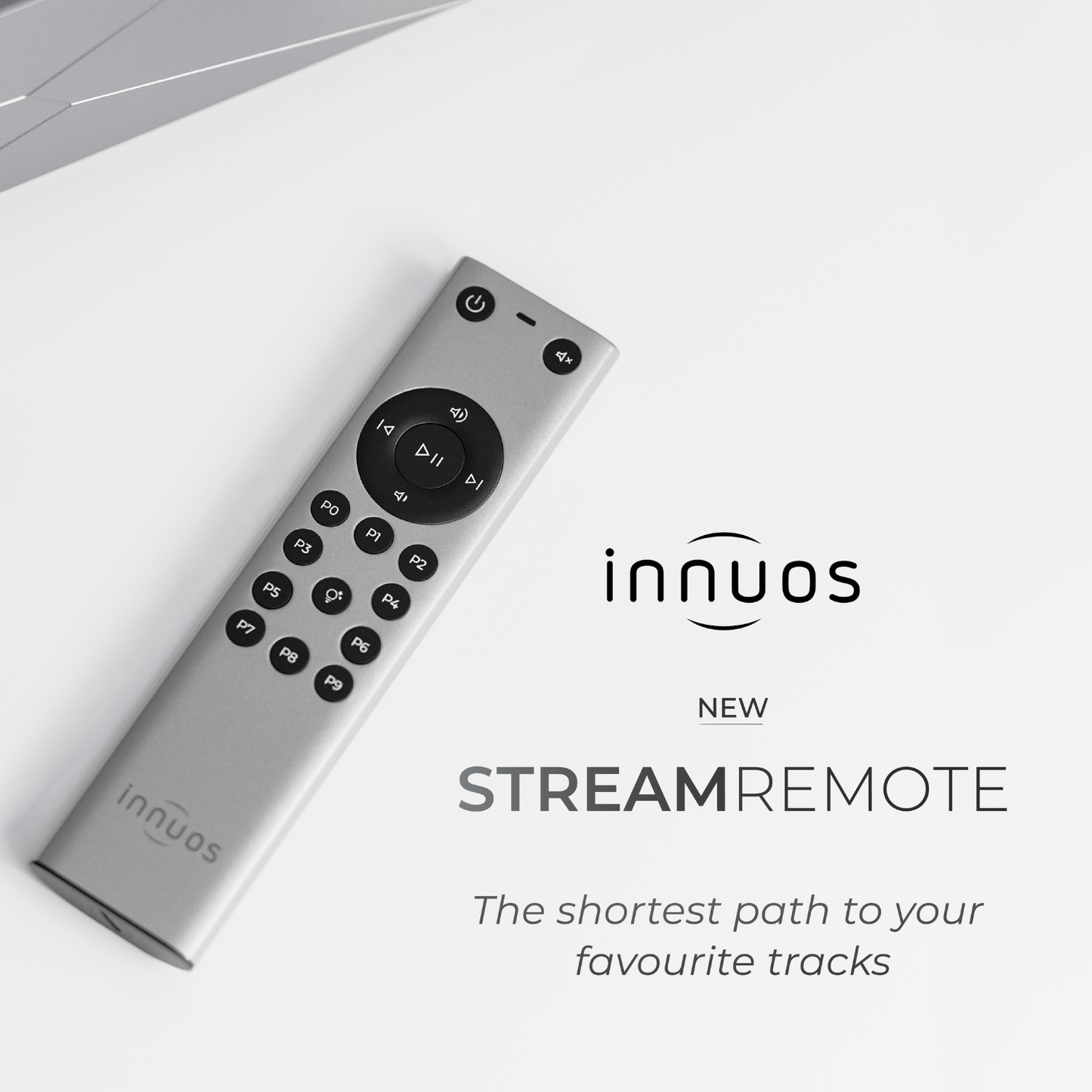 Innuos Stream Remote Control with text on light grey background